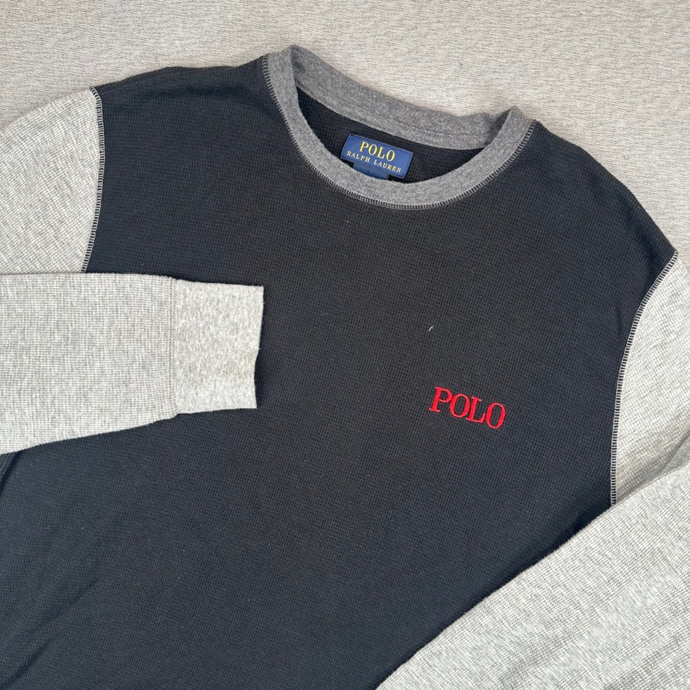 Polo Ralph Lauren Thermal Shirt Mens XL Black Gray Colorblock Waffle Knit Logo